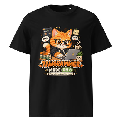 Black Pawgrammer funny cat organic cotton T-shirt with orange programmer cat front graphic