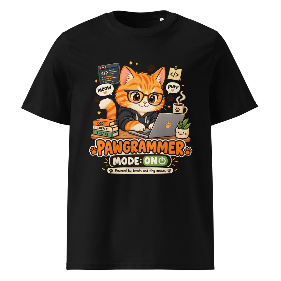 Black Pawgrammer funny cat organic cotton T-shirt with orange programmer cat front graphic