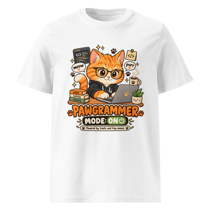 White Pawgrammer funny cat organic cotton T-shirt with orange programmer cat front graphic