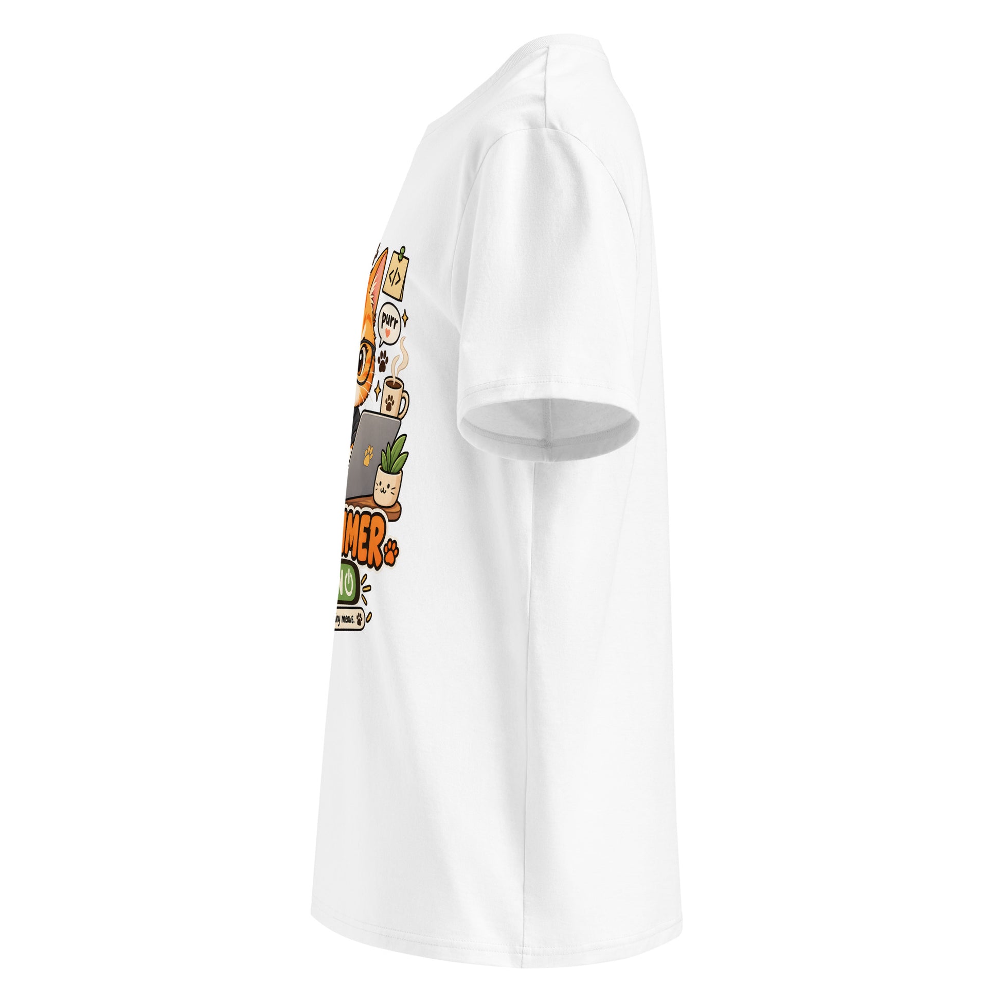 Side view of white Pawgrammer funny cat organic cotton T-shirt