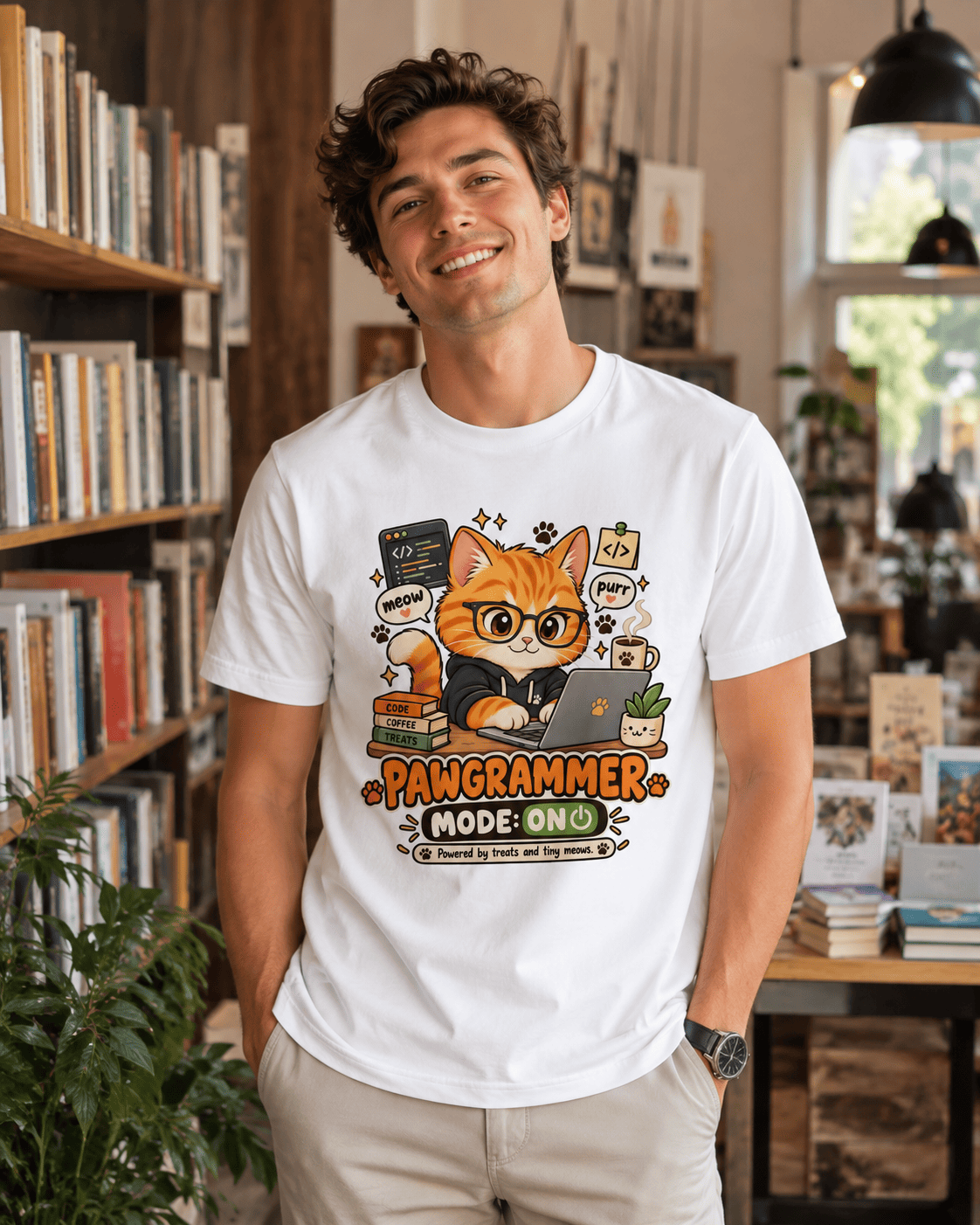 Model wearing white Pawgrammer funny cat organic cotton T-shirt in a cozy creative setting