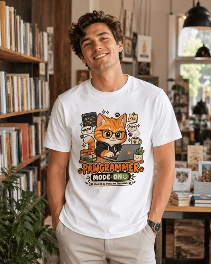 Model wearing white Pawgrammer funny cat organic cotton T-shirt in a cozy creative setting