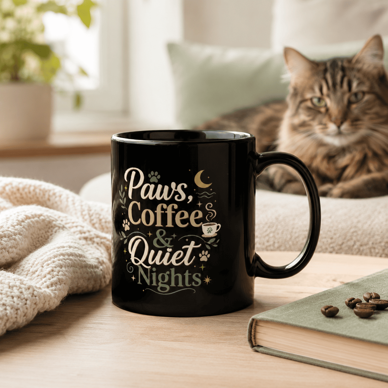 Paws, Coffee & Quiet Nights Mug in a cozy home setting with a cat.