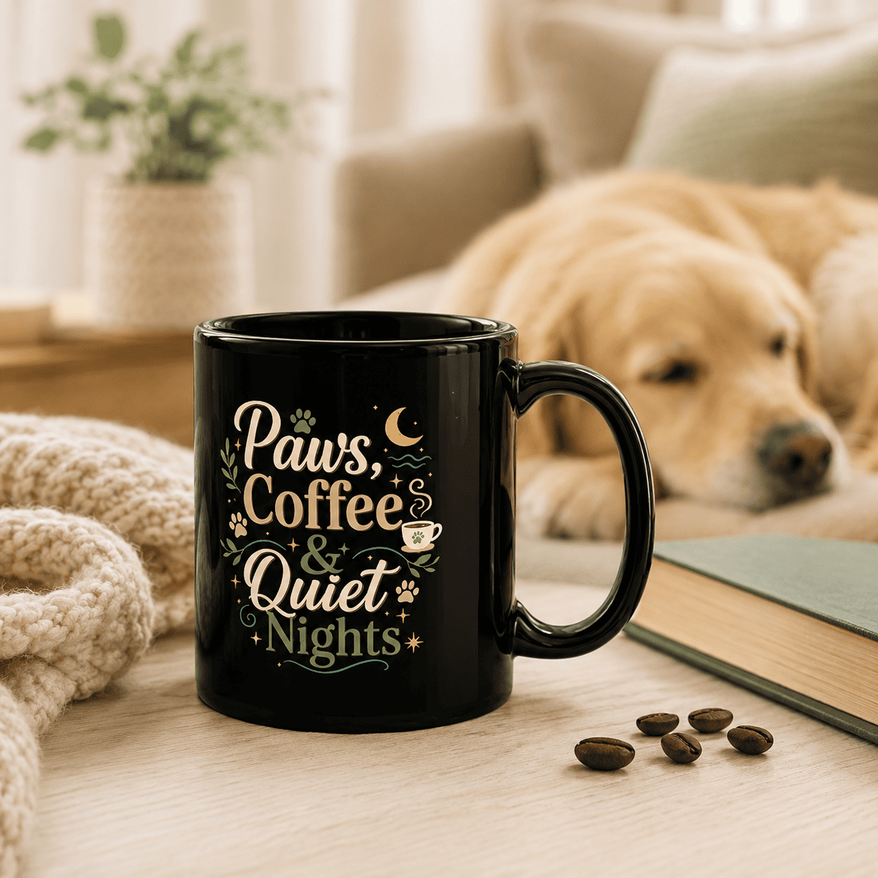 Paws, Coffee & Quiet Nights Mug in a cozy home setting with a dog.