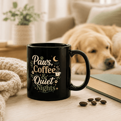 Paws, Coffee & Quiet Nights Mug in a cozy home setting with a dog.