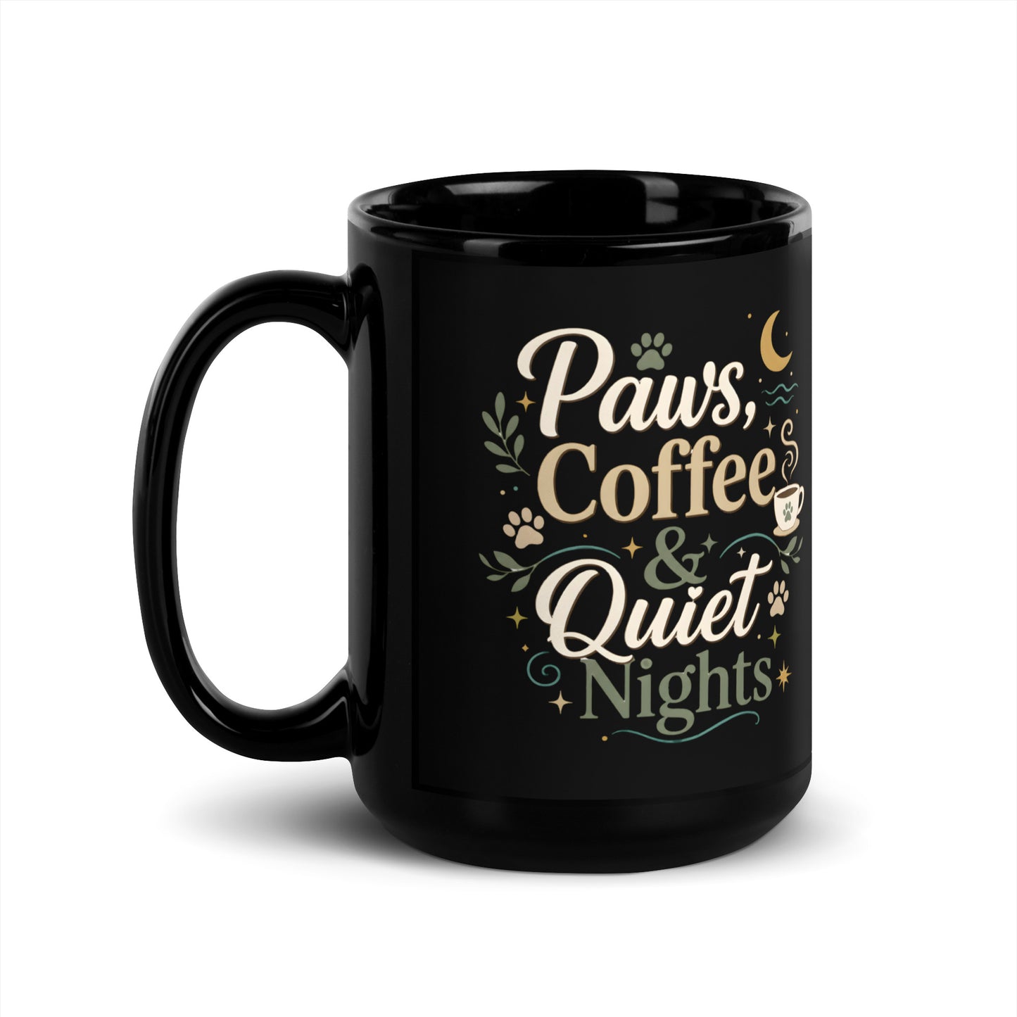 Angled handle view of the black Paws, Coffee & Quiet Nights Mug.