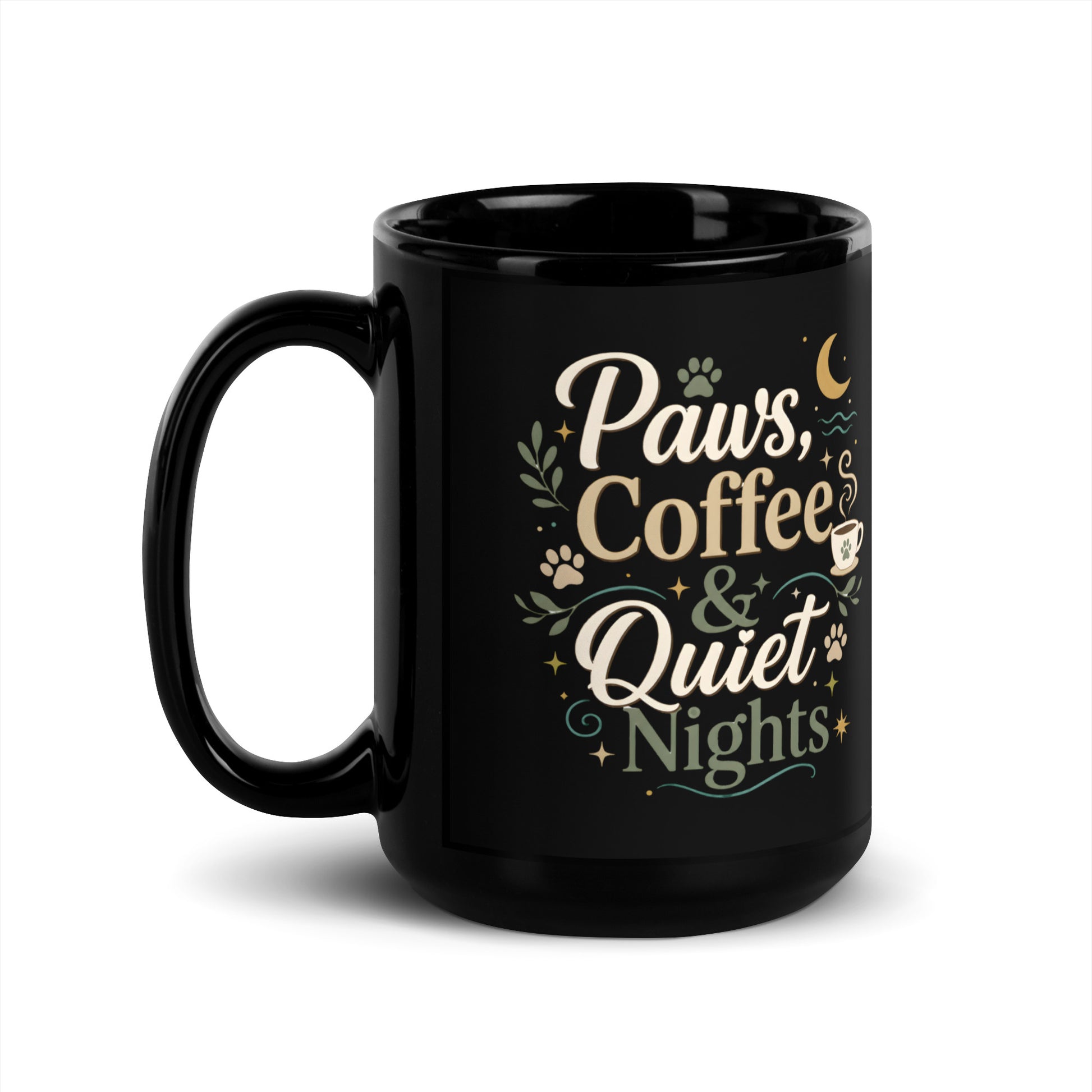 Angled handle view of the black Paws, Coffee & Quiet Nights Mug.