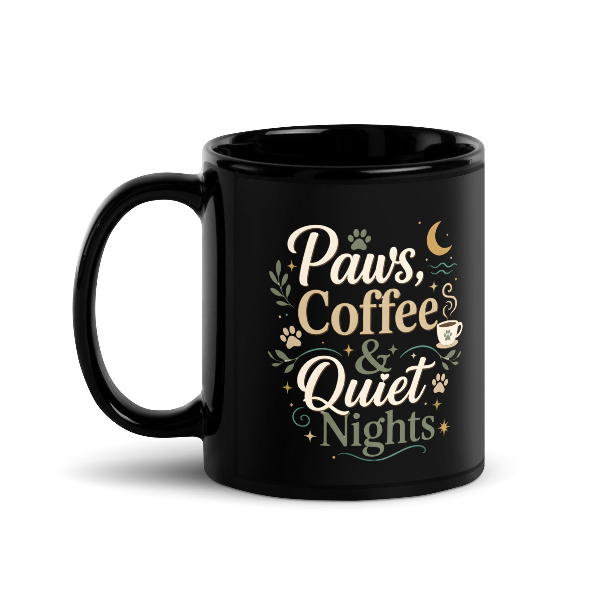 Angled view of the Paws, Coffee & Quiet Nights Mug with side artwork visible.