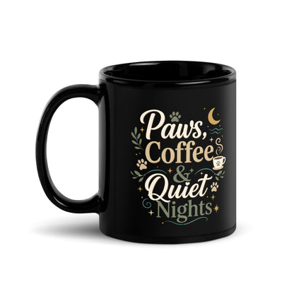 Angled view of the Paws, Coffee & Quiet Nights Mug with side artwork visible.