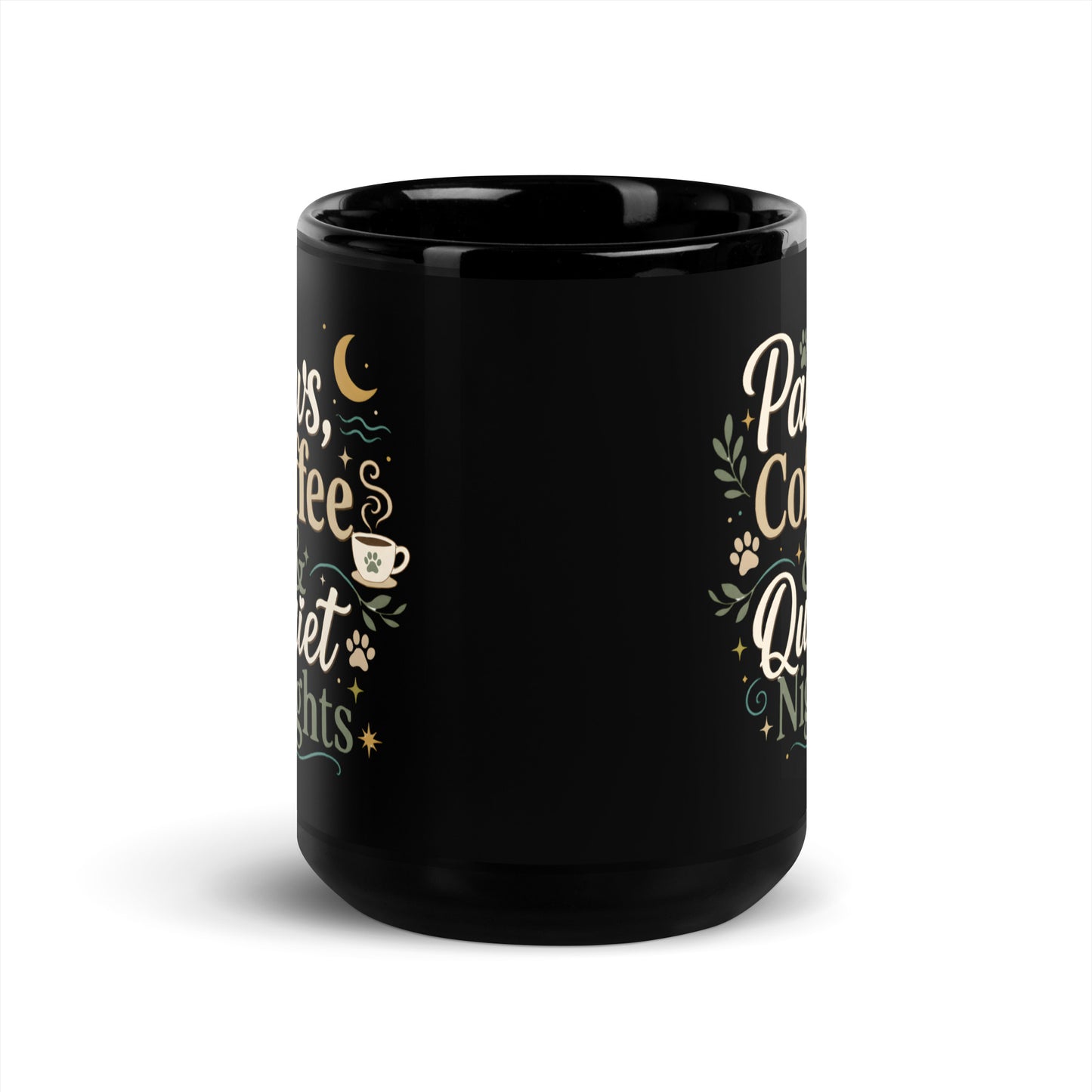 Side print view of the Paws, Coffee & Quiet Nights black ceramic mug.