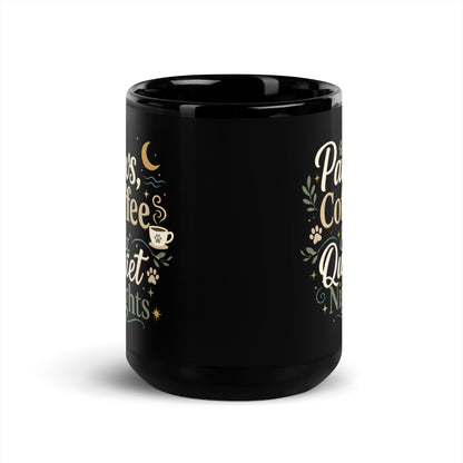 Side print view of the Paws, Coffee & Quiet Nights black ceramic mug.