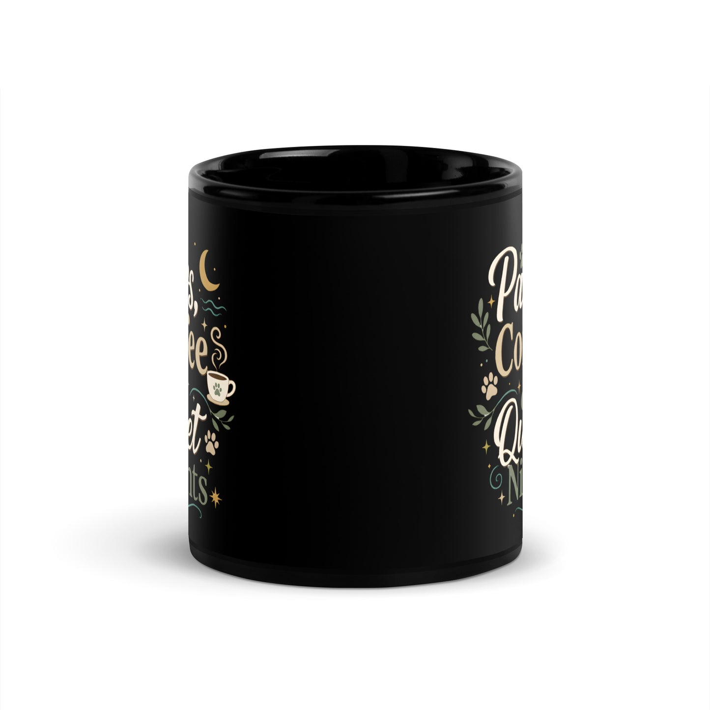 Side view of the black glossy Paws, Coffee & Quiet Nights Mug.