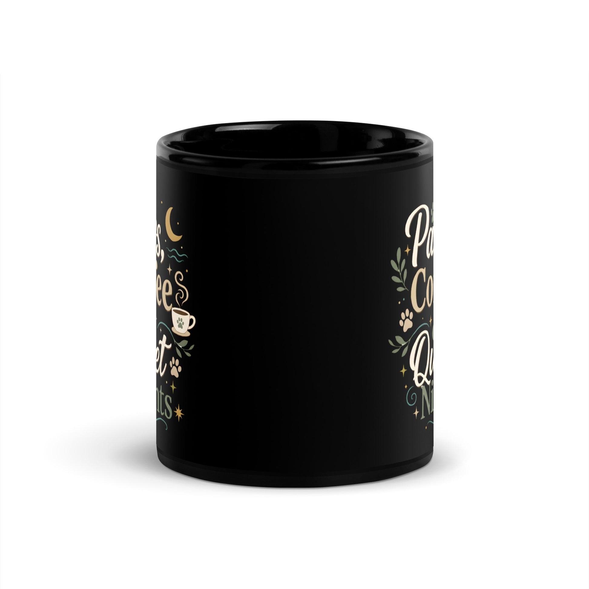 Side view of the black glossy Paws, Coffee & Quiet Nights Mug.