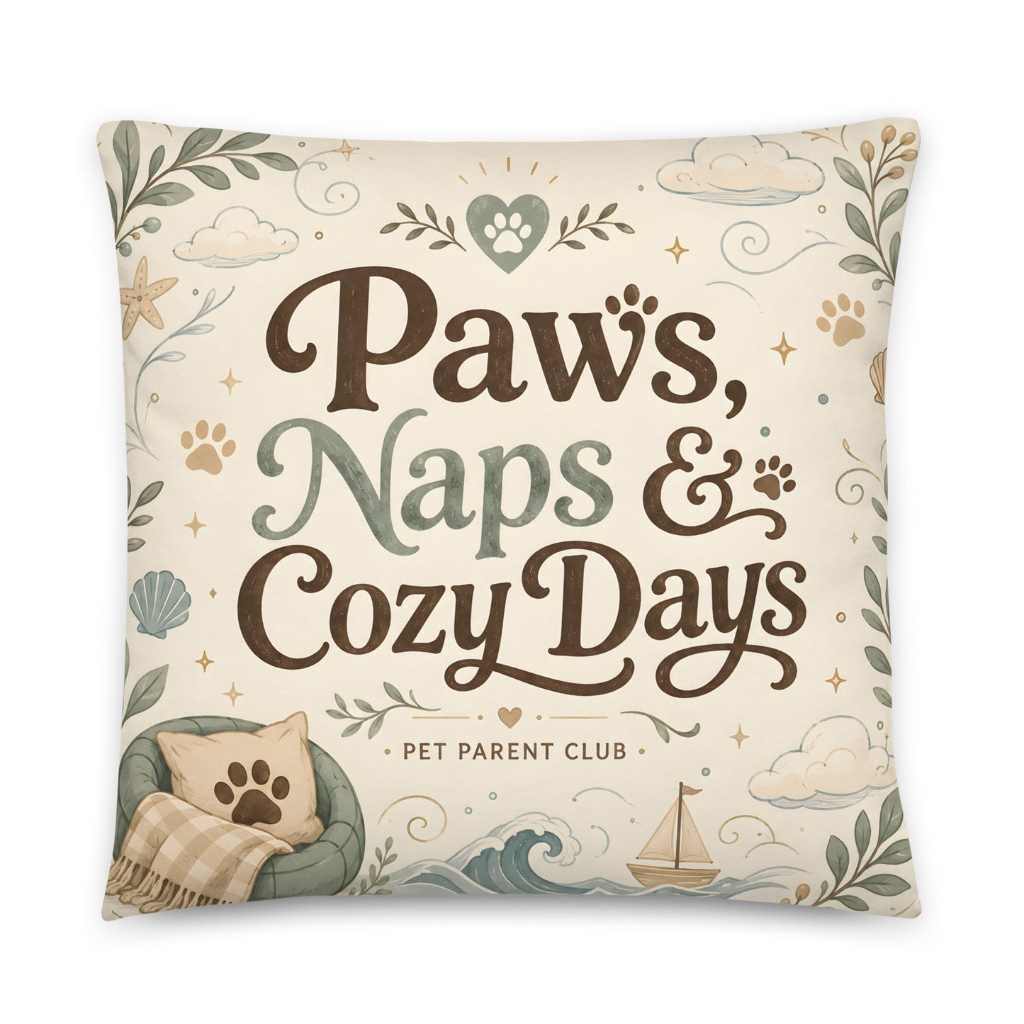 Angled view of the Paws, Naps & Cozy Days Decorative Pillow with cream and sage artwork.