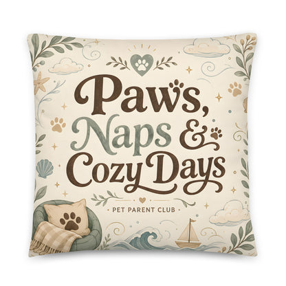 Angled view of the Paws, Naps & Cozy Days Decorative Pillow with cream and sage artwork.
