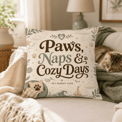 Paws, Naps & Cozy Days Decorative Pillow styled on a cozy sofa with a cat resting beside it.