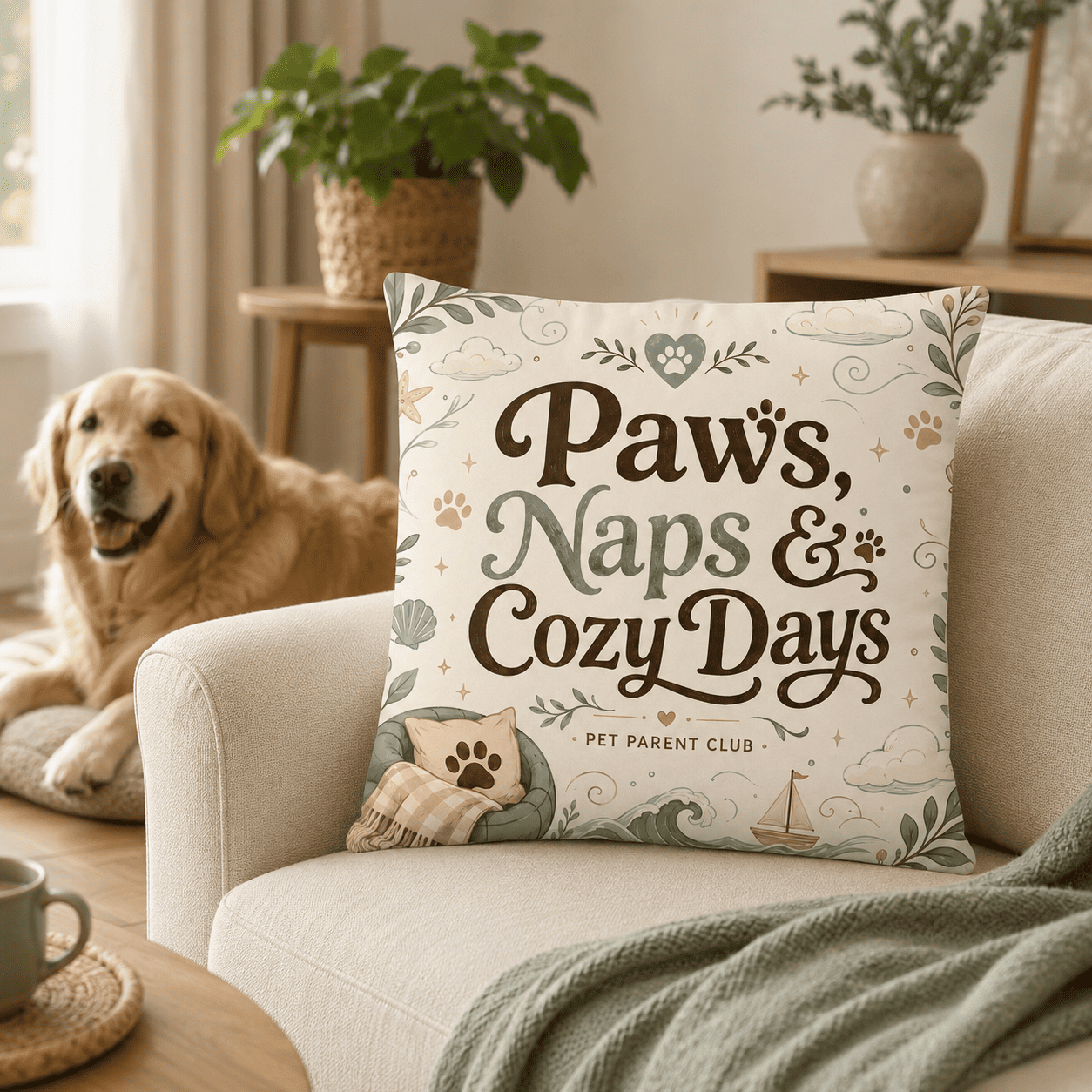 Paws, Naps & Cozy Days Decorative Pillow styled on a cozy sofa with a dog in the background.