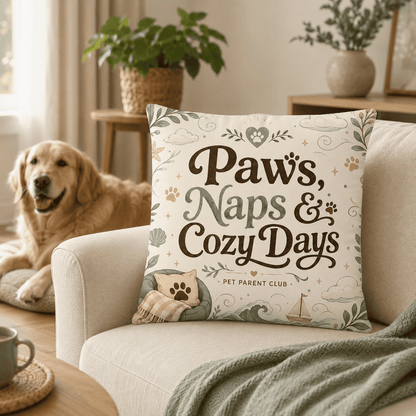 Paws, Naps & Cozy Days Decorative Pillow styled on a cozy sofa with a dog in the background.