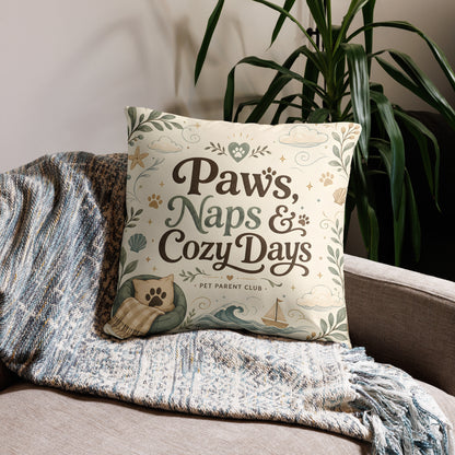 Paws, Naps & Cozy Days Decorative Pillow in a cozy pet-friendly home setting.