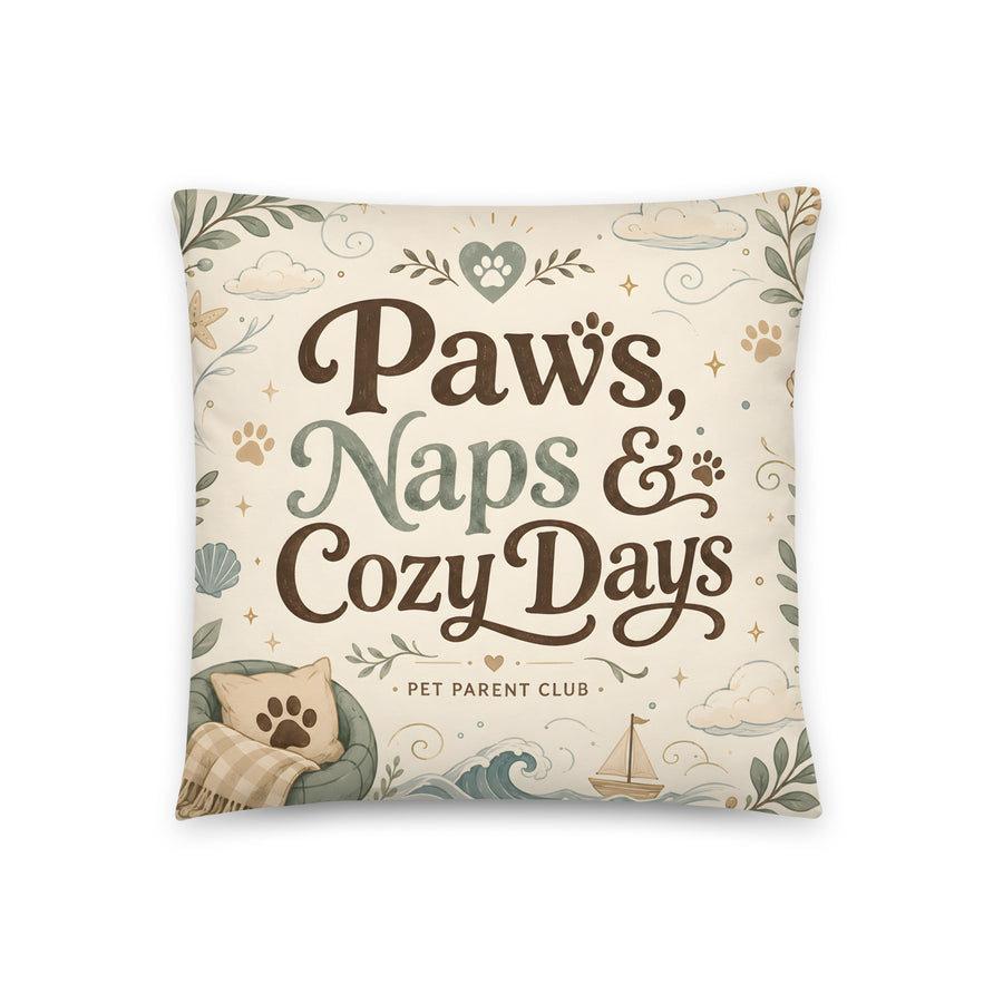 Paws, Naps & Cozy Days decorative pillow with cozy pet parent home artwork.