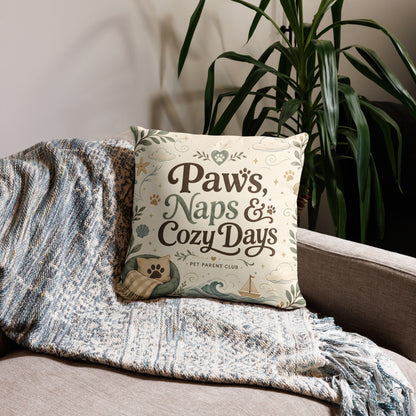 Paws, Naps & Cozy Days Decorative Pillow styled on a cozy sofa with warm home decor.