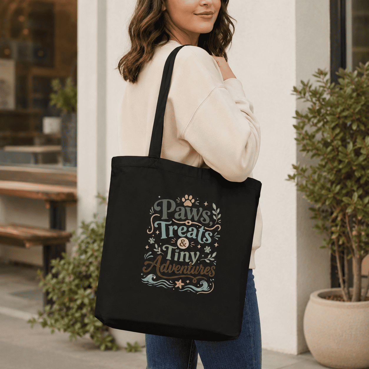 Woman carrying a black Paws, Treats & Tiny Adventures tote bag in a cozy lifestyle setting.