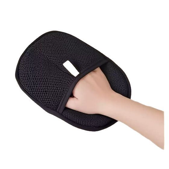 Black pet grooming mitt shown on a white background.