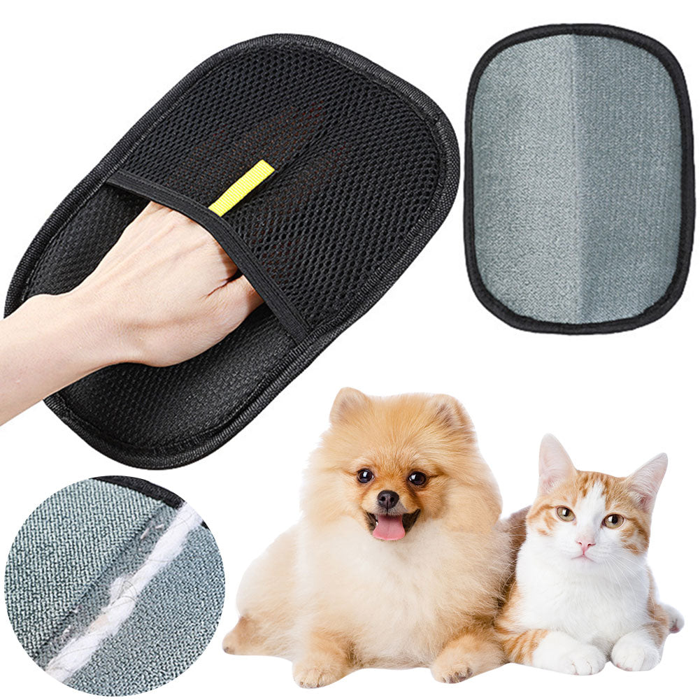 Black pet grooming mitt removing loose pet hair from black clothing.