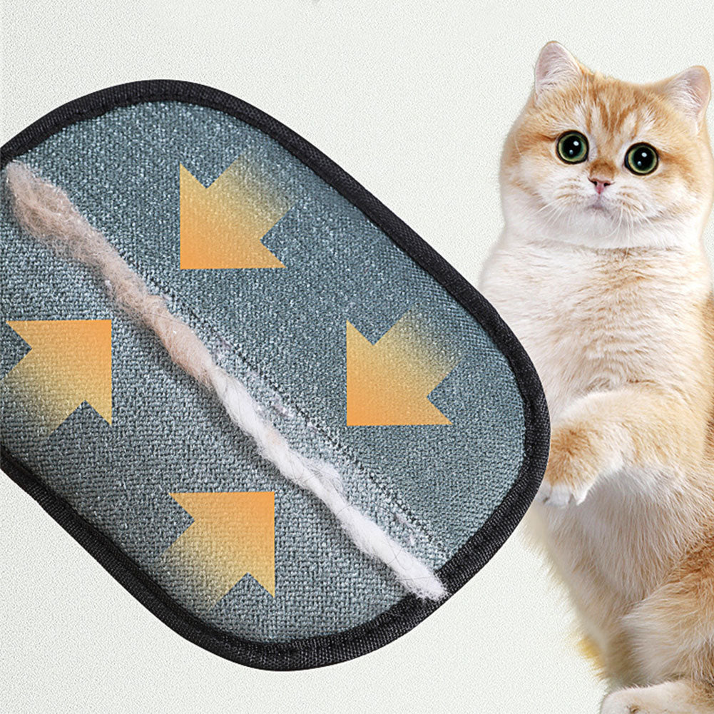 Pet grooming mitt showing the hair collection side with a cat beside it.