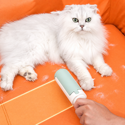 Green pet hair remover roller used to collect loose cat hair from a sofa