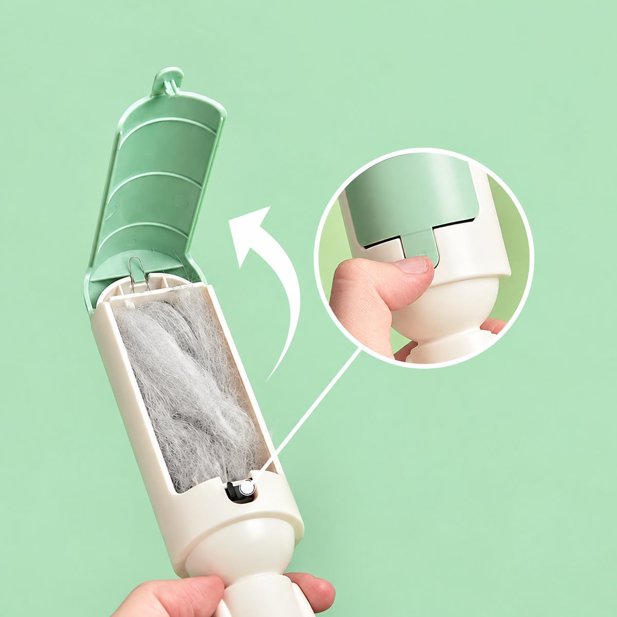 Green pet hair remover roller with cleaning compartment open