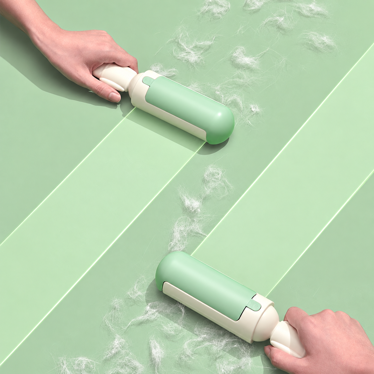 Green pet hair remover roller being used on a fabric surface