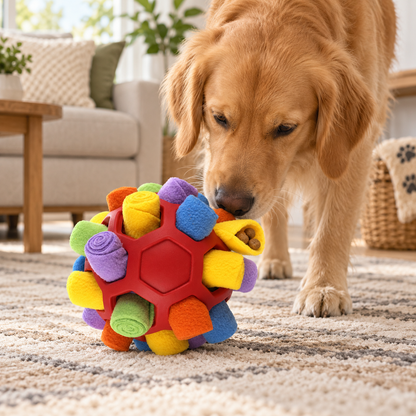 Dog using the Rainbow Mix interactive treat-hiding snuffle ball