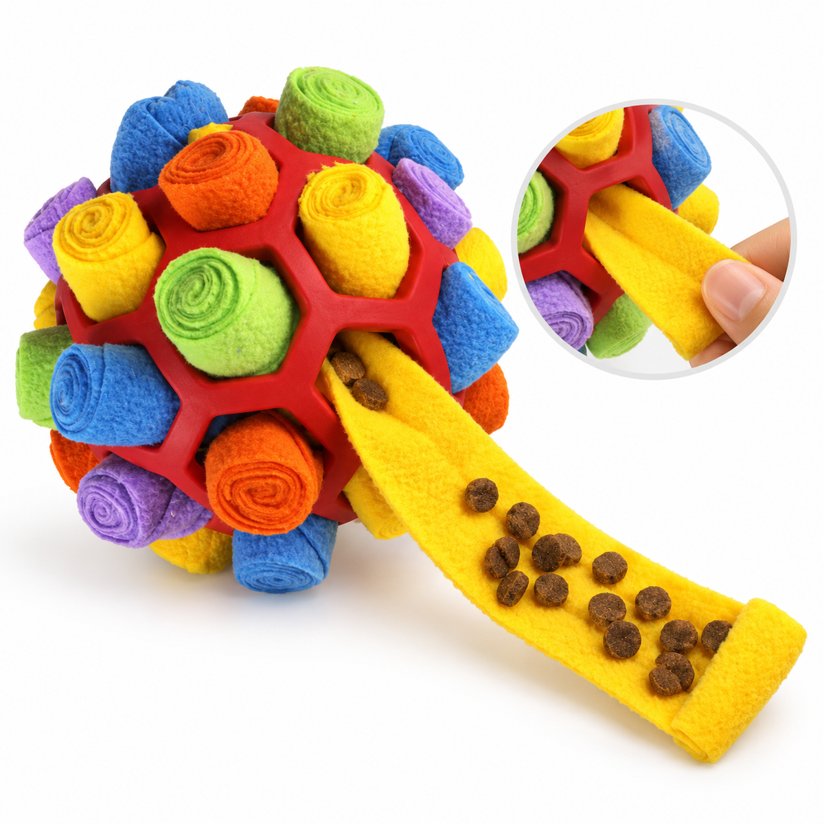 Rainbow Mix snuffle ball with fabric strips for hiding dog treats