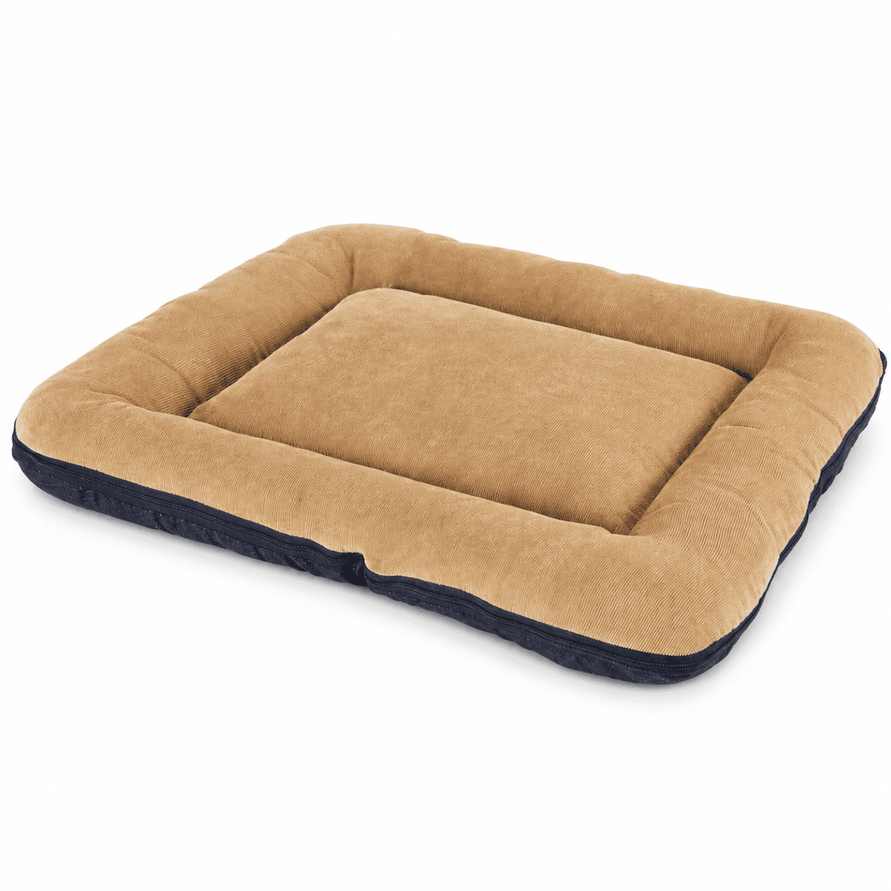 Beige removable cover pet sleeping mat with raised edges on a white background