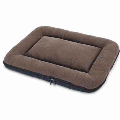 Brown removable cover pet sleeping mat with raised edges on a white background