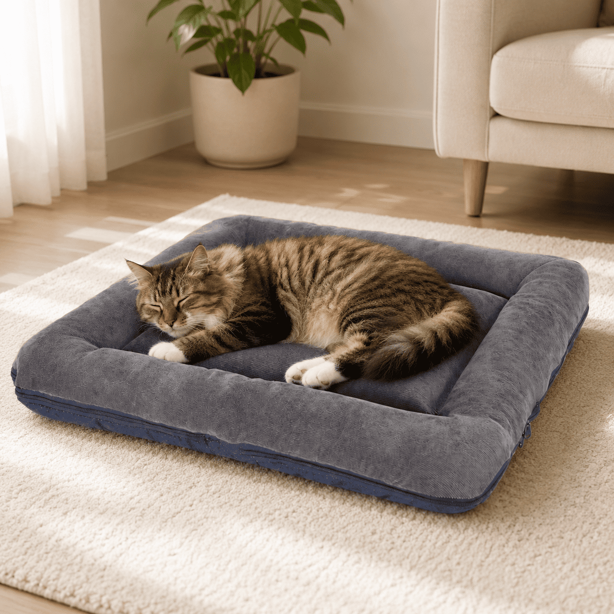 Cat resting on a gray removable cover pet sleeping mat in a cozy home setting