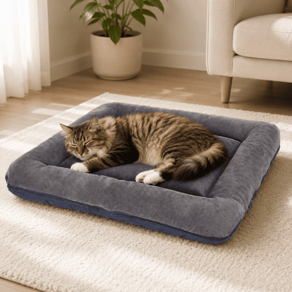 Cat resting on a gray removable cover pet sleeping mat in a cozy home setting