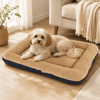 Small dog resting on a beige removable cover pet sleeping mat in a cozy home setting