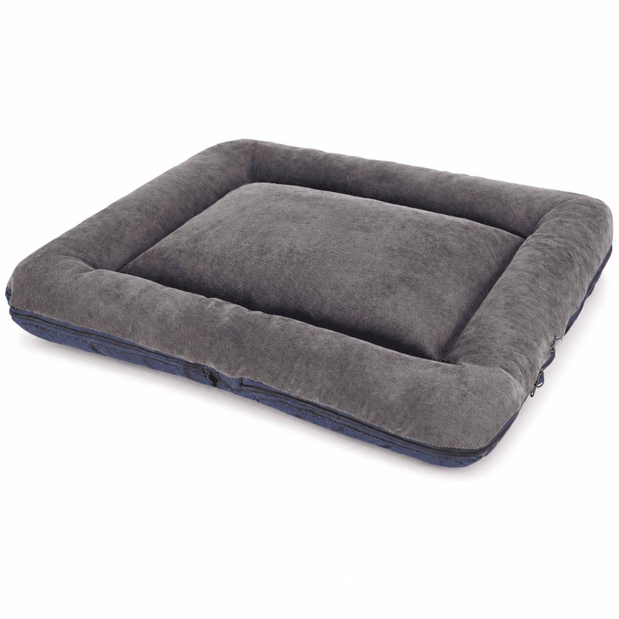 Gray removable cover pet sleeping mat with raised edges on a white background