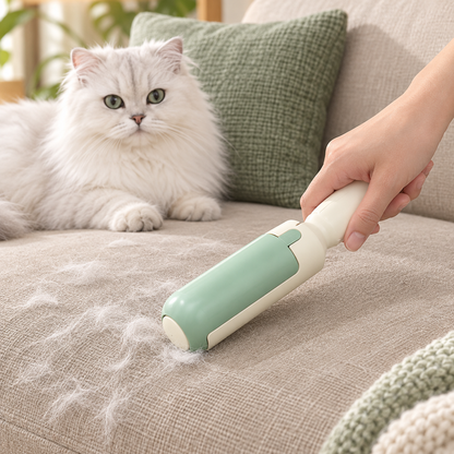 A green reusable pet hair and lint remover roller being used on a beige sofa beside a fluffy white cat.