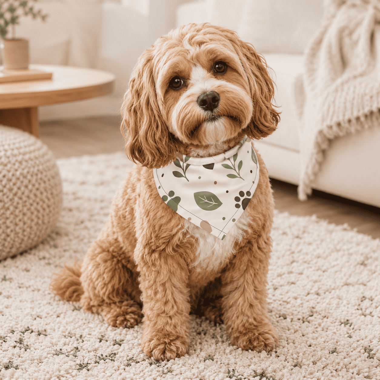 Small brown dog wearing the Sage Paw Everyday Pet Bandana in a cozy neutral living room