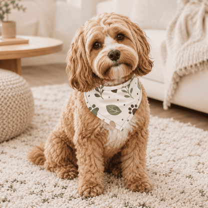 Small brown dog wearing the Sage Paw Everyday Pet Bandana in a cozy neutral living room