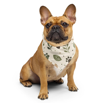 Dog wearing the Sage Paw Everyday Pet Bandana with a sage green paw and leaf pattern