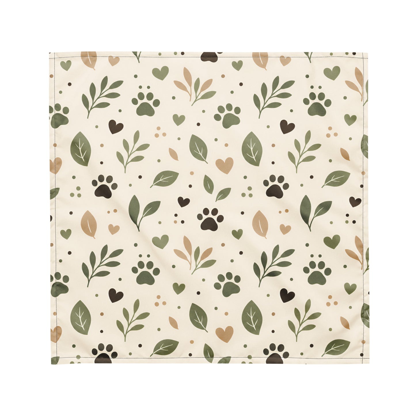 Small size Sage Paw Everyday Pet Bandana with an all-over paw, leaf, heart, and dot pattern
