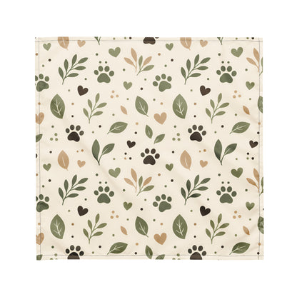 Small size Sage Paw Everyday Pet Bandana with an all-over paw, leaf, heart, and dot pattern