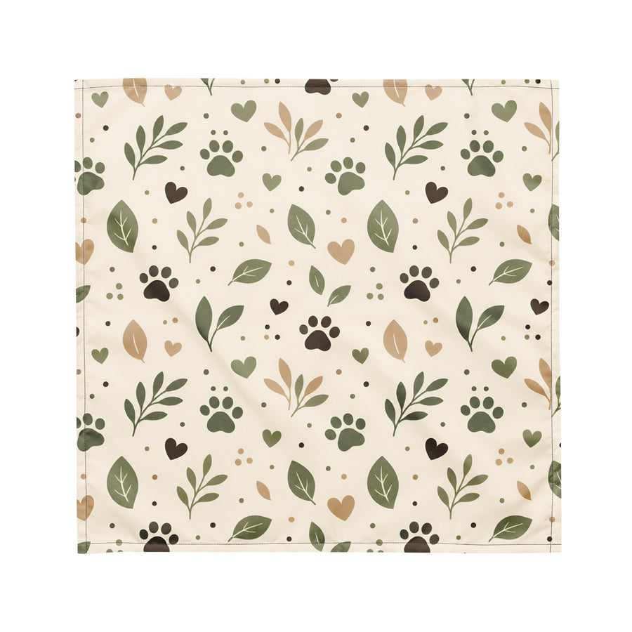 Small size Sage Paw Everyday Pet Bandana with an all-over paw, leaf, heart, and dot pattern