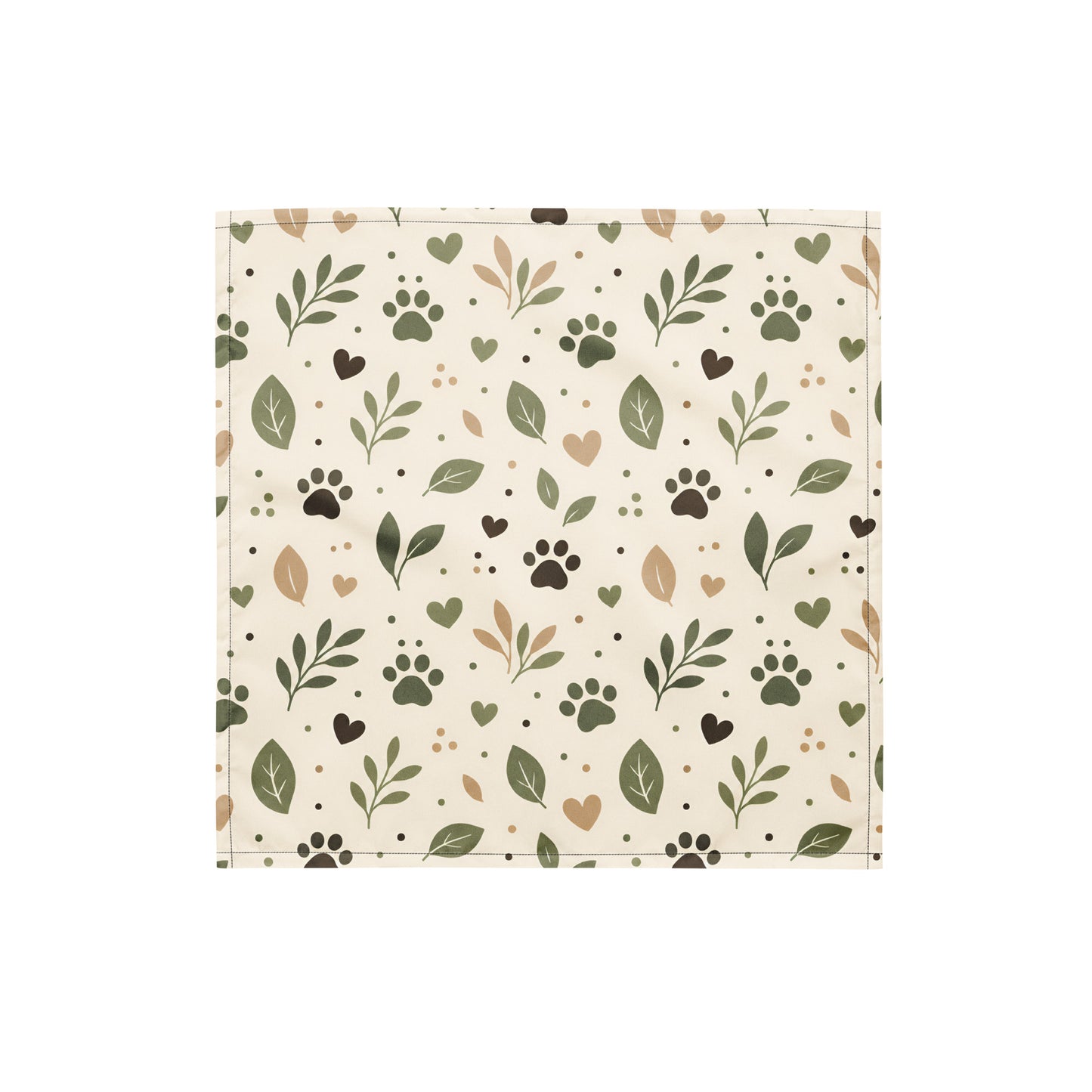 Small size Sage Paw Everyday Pet Bandana with an all-over paw, leaf, heart, and dot pattern