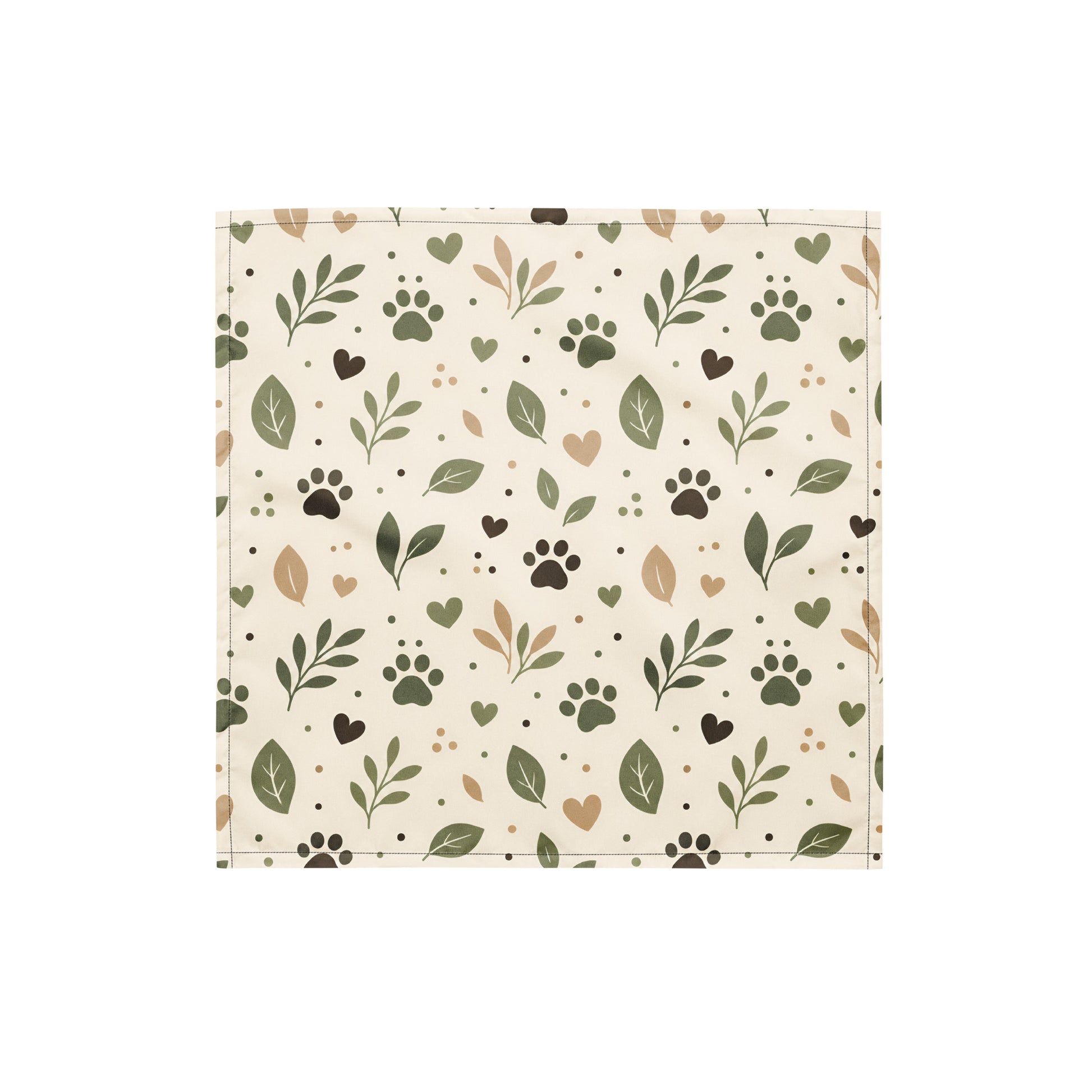 Small size Sage Paw Everyday Pet Bandana with an all-over paw, leaf, heart, and dot pattern