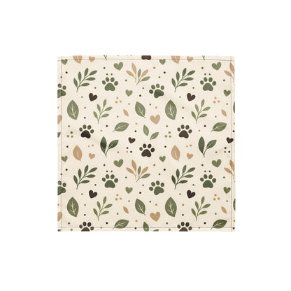 Small size Sage Paw Everyday Pet Bandana with an all-over paw, leaf, heart, and dot pattern